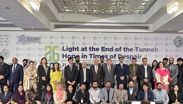 The image shows the group photo of the attendees of the 26th Sustainable Development Conference held at Islamabad Marriott Hotel on Nov 23, 2023. —Facebook/sdpipakistan