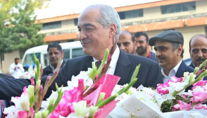 The image released on Nov 3, 2023, shows Federal Secretary Inter-Provincial Coordination Division Ahmed Hanif Orakzai being received at the opening event of the prestigious Combaxx 5th Asian Taekwondo Open Championship, hosted at the Pakistan Sports Board in Islamabad. —Facebook/PakistanSportsBoard