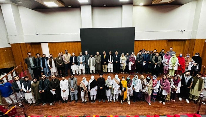The image shows a group photo of the participants of the workshop arranged by Dr Saadia Ilyas HOD Paeds Cardiology at Serena Hotel Peshawar. —Facebook/LRHMTI/