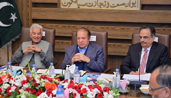Pakistan Muslim League-Nawaz (PMLN) supremo Nawaz Sharif can be seen at the Sialkot Chamber of Commerce & Industry on Nov 25, 2023. —Facebook/chamber.sialkot