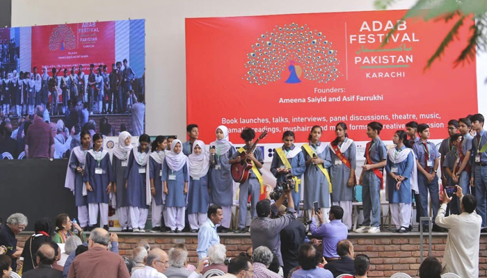 Students perform music during the Fifth Adab Festival on November 25, 2023. — Facebook/Adab Festival Pakistan