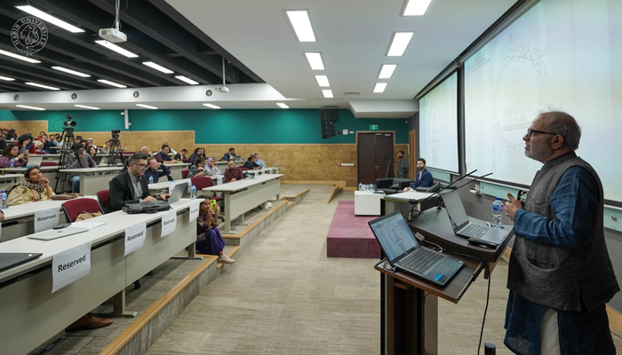 Nauman Naqvi, Associate Professor of Comparative Humanities, speaks during the sixth edition of the Postcolonial Higher Education Conference in Karachi on November 25, 2023. — Facebook/Habib University