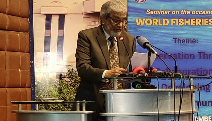 Sindh Chief Minister Justice (retd) Maqbool Baqar speaks during a ceremony to observe World Fisheries Day in Karachi on November 21, 2023. — Facebook/National Institute of Maritime Affairs - NIMA