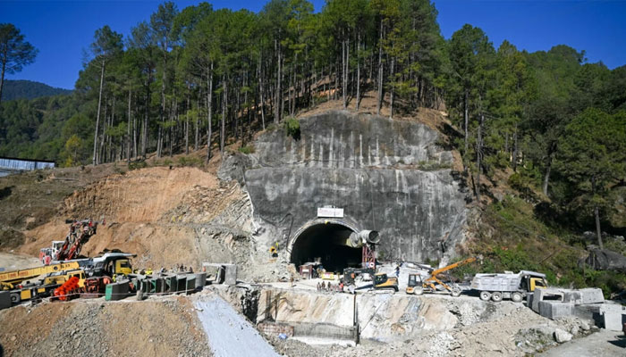 A view of the tunnel entrance, where 41 men were trapped on November 12 when a portion of the under-construction tunnel caved in. —AFP File