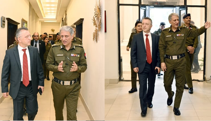 This combo of images shows Turkish Consul General Durmus Bastug during his visit to the Central Police Office and meeting with the IG Punjab Dr Usman Anwar on November 25, 2023. — Facebook/Punjab Police Pakistan