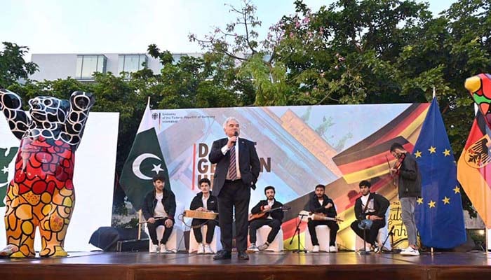 German Ambassador to Pakistan Alfred Grannas addresses the audience during the German Unity Day 2023 celebrated by the German Embassy in a local hotel on November 24, 2023. — APP