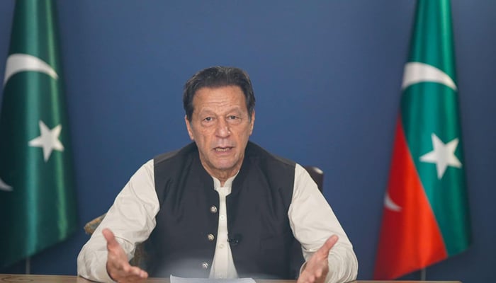 Former prime minister Imran Khan speaks virtually from his house in Zaman Park in this image on July 30, 2023. — Facebook/Imran Khan