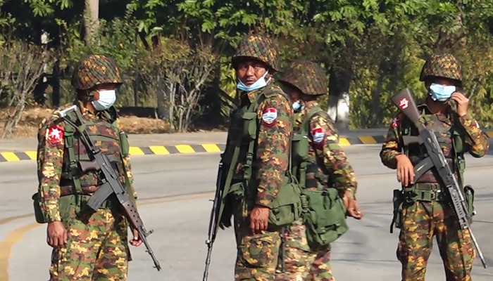 Myanmar military soldiers stand guard on a street in Naypyidaw. — AFP/File