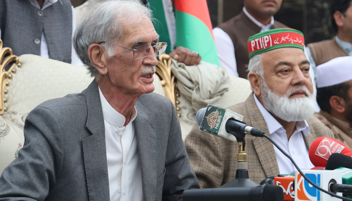 Pakistan Tehreek-e-Insaf Parliamentarian head Pervez Khattak speaks during a public gathering on November 26, 2023. — Facebook/PTI-P
