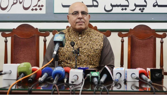 Balochistan Caretaker Minister for Information Jan Achakzai during a press conference on November 22, 2023. — Facebook/Directorate of Public Relations Balochistan