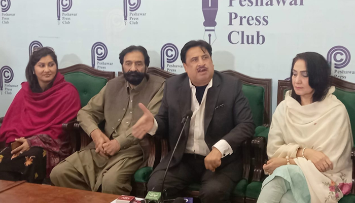 Artiste Action Foundation officials speak during a press conference at the Peshawar Press Club on November 26, 2023. — Facebook/Artist Action Foundation