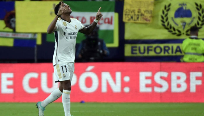 Rodrygo celebrates the first of his two goals in Real Madrids easy victory. — AFP