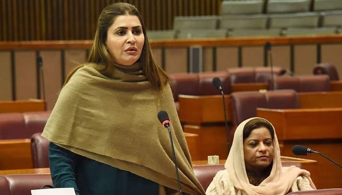 Former federal minister and central leader of Pakistan Peoples Party (PPP) Shazia Marri speaks during a session in the National Assembly in this image on November 5, 2022. — Facebook/Shazia Atta Marri