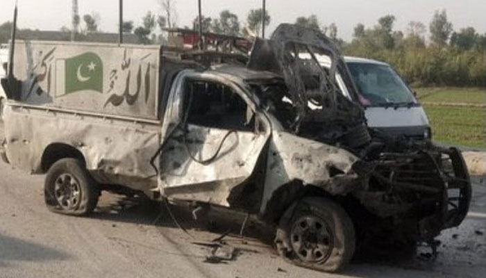 The image shows the vehicle damaged in a suicide bombing in Bannu on Nov 27, 2023. —x/MalikJahangir90
