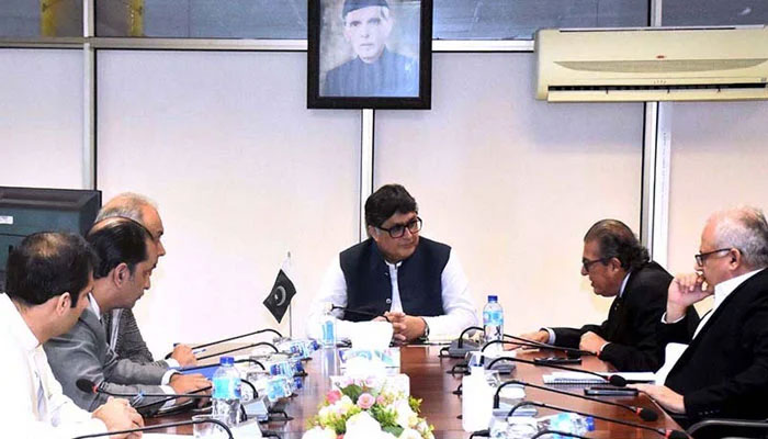 Federal Minister for Privatisation, Fawad Hasan Fawad chairing a meeting with FA on FWBL on Nov 3, 2023. —APP
