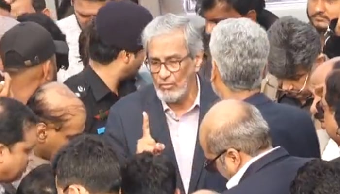 Sindh Caretaker Chief Minister Justice (retd) Maqbool Baqar speaks during his visit to Hyderabad on November 28, 2023, in this still. — X/@SindhCMHouse