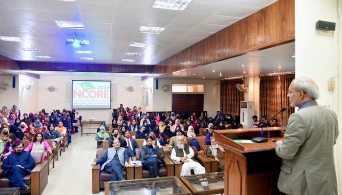 PU VC Prof Dr Khalid Mahmood speaks during the 3rd National Conference on Research Education on the theme of Higher Education Institutions and Governmental Priorities on November 28, 2023. — Facebook/University of the Punjab