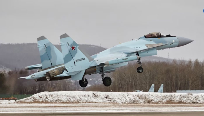 This handout picture provided by the Russian defense corporation Rostec on Nov. 24, 2023 shows a Sukhoi Su-35S fighter jet at the grounds of an aviation firm in the far-eastern city of Komsomolsk-on-Amur. — AFP File