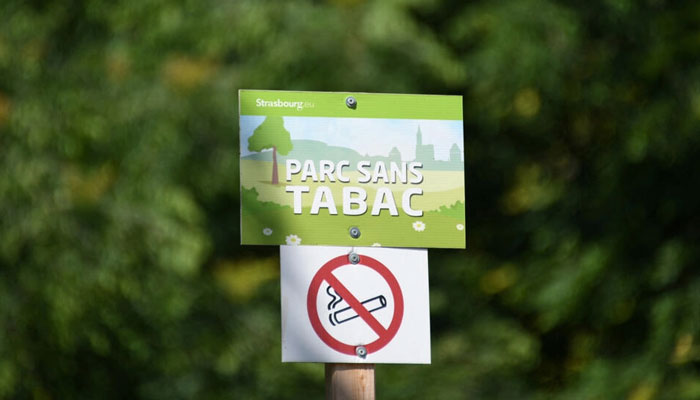 A sign reading tobacco-free park in a public park in Strasbourg, France. — AFP File