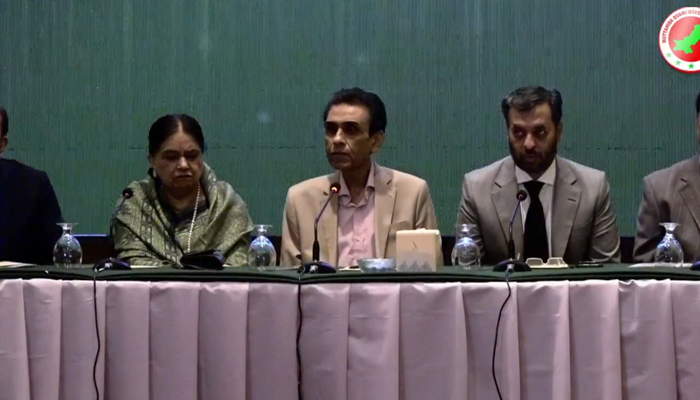 MQMP Convener Khalid Maqbool Siddiqui addresses the participants of a conference titled “Independent Districts: Strong Pakistan” at a local hotel in Karachi in this still on November 28, 2023. — Facebook/MQM ( Muttahida Quami Movement)