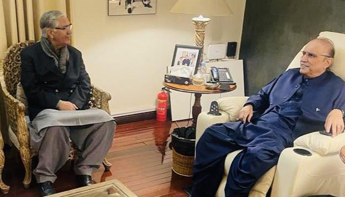 Pakistan People’s Party Parliamentarians President Asif Ali Zardari while meeting with the newly-appointed party’s secretary general Syed Nayyer Hussain Bokhari in this image released on November 28, 2023. — Facebook/Faisal Karim Kundi