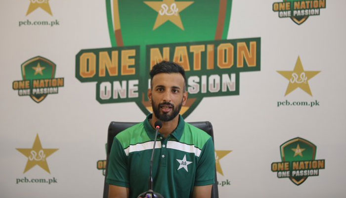 Pakistan Test captain Shan Masood addresses a press conference at Gaddafi Stadium, Lahore ahead of the Australia Tour on Nov 29, 2023. —x/TheRealPCB