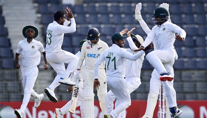 Bangladesh celebrate the dismissal of New Zealands Devon Conway. — AFP