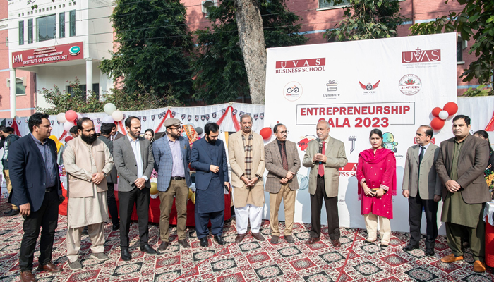VC Prof Dr Nasim Ahmad speaks during an Entrepreneurship Gala in Lahore on November 29, 2023. — Facebook/UVAS