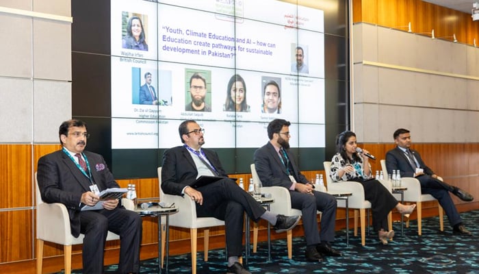 Panellists listen to a speak during a youth-focused programme called Pakistan Youth Leadership Initiative in Qatar on November 29, 2023. — Facebook/Higher Education Commission, Pakistan