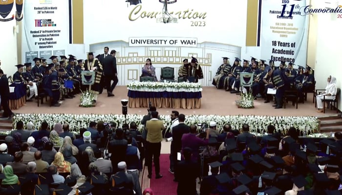 The Governor of Punjab and Chancellor of the University, Muhammad Baligh Ur Rehman speaks during the 11th convocation of the University of Wah in this still on November 29, 2023. — Facebook/UW
