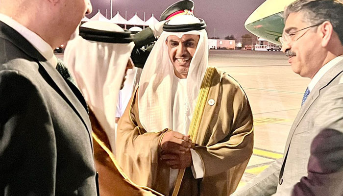 UAE Minister for Justice Abdullah Sultan bin Awad Al Nuaimi, Pakistan’s Ambassador to the UAE Faisal Niaz Tirmizi and the Pakistani diplomatic staff welcomed the prime minister at Dubai’s Al-Maktoum airport on Nov 29, 2023. — PID