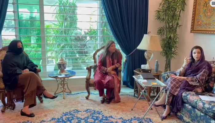 This still shows Senior Vice President and Chief Organiser of the Pakistan Muslim League Nawaz Maryam Nawaz Sharif (R) speaking during a meeting of the party’s womens wing on November 29, 2023. — Facebook/Maryam Nawaz Sharif