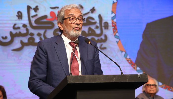 Sindh Caretaker Chief Minister Justice (retd) Maqbool Baqar addressing during the inauguration of the 16th Aalmi Urdu Conference at the Arts Council of Pakistan on November 30, 2023. —Facebook/Arts Council of Pakistan Karachi