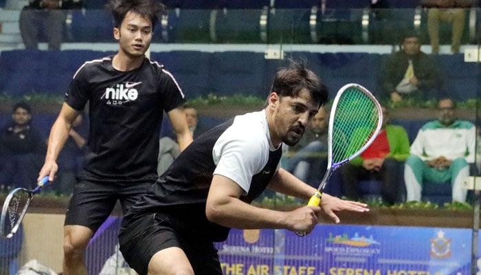 The image shows a glimpse of a match in the Chief of the Air Staff-Serena Hotels International Squash Championship (men and women) got under way at the Mushaf Ali Mir Complex on Nov 30, 2023. —Facebook/PakistanSquashFederation