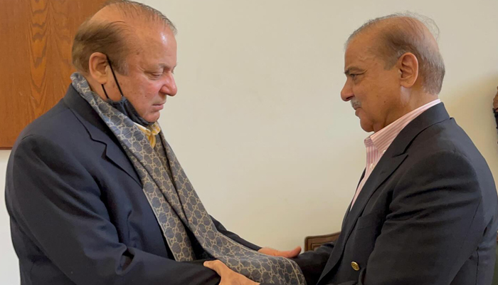 The former prime minister and Pakistan Muslim League Nawaz supremo Nawaz Sharif (L) while meeting with the former premier Shehbaz Sharif on November 30, 2023 in Lahore. — Facebook/PML(N)