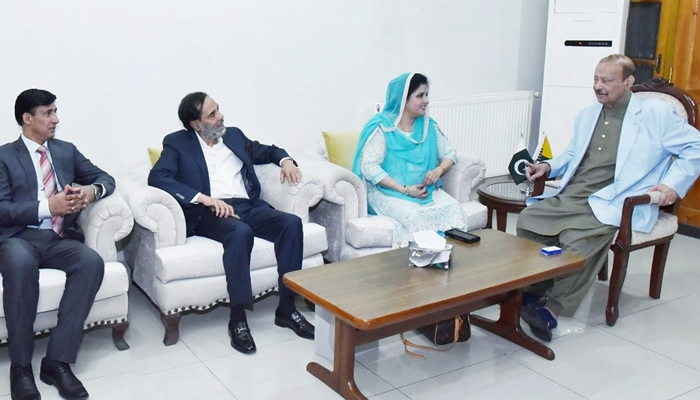 President Azad Jammu and Kashmir Barrister Sultan Mahmood Chaudhry speaks while meeting with a delegation led by Ghazala Habib, chairperson, Friends of Kashmir International (USA) on November 30, 2023. — Facebook/Sultan Mahmood Chaudhry
