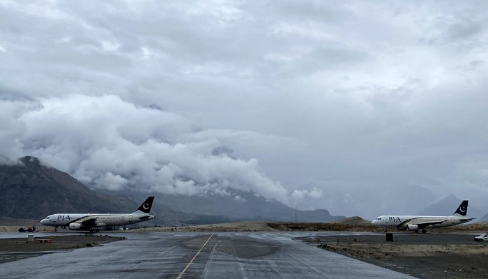 Pakistan International Airlines aircrafts can be seen at the Skardu airport in this image released on July 24, 2023. — X/@Official_PIA
