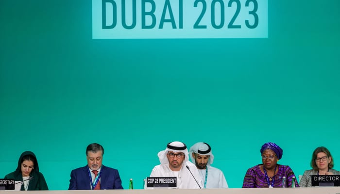 COP28 president Sultan Ahmed Al Jaber (C) presides the opening ceremony of the COP28 United Nations climate summit in Dubai on November 30, 2023. — AFP