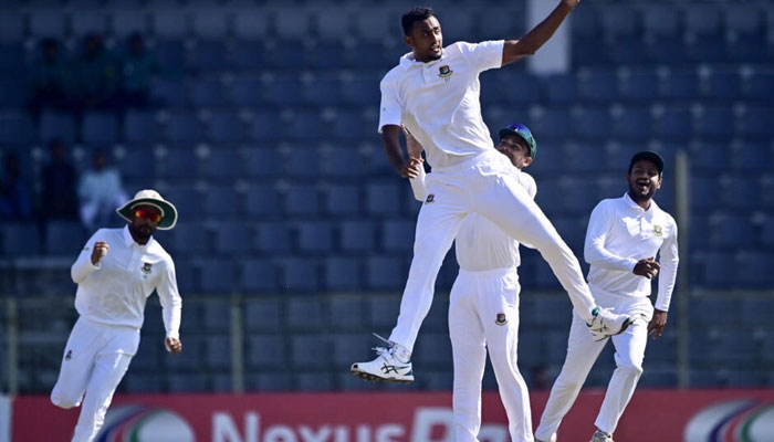 Bangladesh’s Shoriful Islam celebrates after the dismissal of New Zealand’s Tom Latham during the fourth day of the first Test cricket match between Bangladesh and New Zealand at the Sylhet International Cricket Stadium. —AFP File