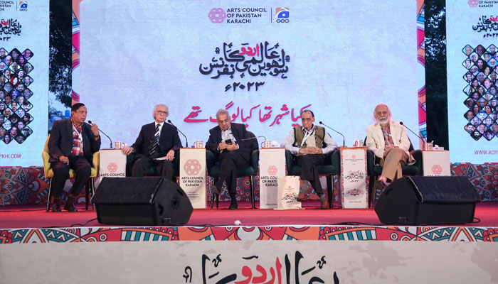 A session on Karachi titled ‘Kya Shehr Tha, Kya Log Thay (What a city it was, what people they were!)’ is seen underway on the second day of the 16th Aalmi Urdu Conference at the Arts Council of Pakistan (ACP) on Dec 1, 2023. —Facebook/acpkhiauc