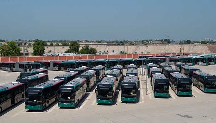 Buses are seen parked at a terminal of Peshawar Bus Rapid Transit (BRT)on August 5, 2020. — AFP/File