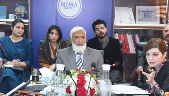 Admiral (r) Muhammad Zakaullah, former chief of the naval staff and chairman of NIMA Board of Advisers, presided over a focused talk on the Indian Kashmir Policy - Implications and Way Forward, as Mushaal Hussein Mullick, Special Adviser to the Prime Minister on Human Rights & Women Empowerment speaks at the event on Dec 1, 2023. —Facebook/nimaisb