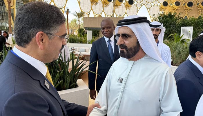 Caretaker Prime Minister Anwaar-ul-Haq Kakar meets the Prime Minister of the United Arab Emirates and the Ruler of Dubai Sheikh Mohammed bin Rashid Al Maktoum in Abu Dhabi on Dec 1, 2023. — PID