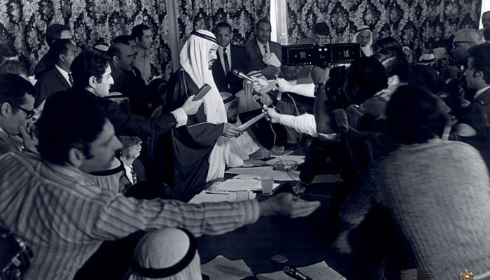 Ahmed Khalifa Al Suwaidi, then adviser to Sheikh Zayed, was appointed as the Foreign Minister in the first cabinet, and he announced to the media the formation of the UAE. Above, Ahmad Khalifa Al Suwaidi reading the statement about the formation of the United Arab Emirates Al Diafah Palace in Jumeirah in Dubai. — UAE National Archives