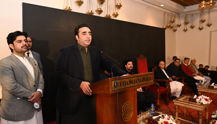 Pakistan Peoples Party (PPP) Chairman Bilawal Bhutto Zardari addresses the LCA Annual General Meeting Quetta Balouchistan on Dec 1, 2023. —x/MediaCellPPP