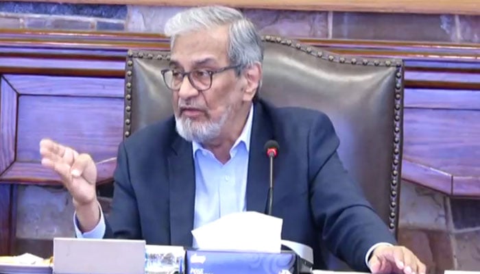 Sindh interim chief minister Justice (retd) Maqbool Baqar speaks during a meeting at CM house in this still taken from a video released on November 4, 2023. — Facebook/Sindh Govenrment