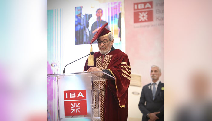 Sindh caretaker chief minister Justice (retd) Maqbool Baqar while speaking at the Institute of Business Administration (IBA) Convocation 2023 at the IBA Karachi on December 2, 2023.—IBA - Institute of Business Administration
