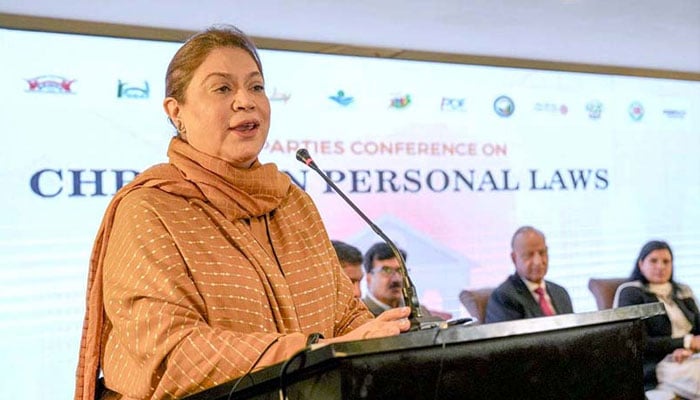 In this photo released on Nov 30, Chairperson National Commission on the Status of Women (NCSW) Nilofar Bakhtiar addresses the All-Parties Conference (APC) on Christian Personal Laws. —APP File