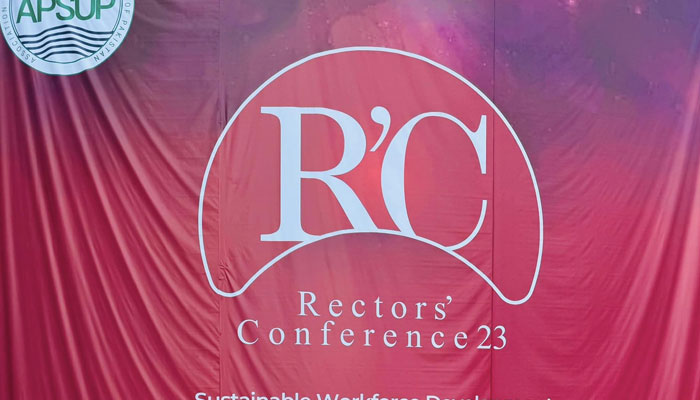 The image shows the backdrop of the stage set for fourth Rectors Conference, organised by the Association of Private Sector Universities of Pakistan (APSUP) at COMSTECH on Dec 2, 2023. —Facebook/Mian Muhammad Jahangir