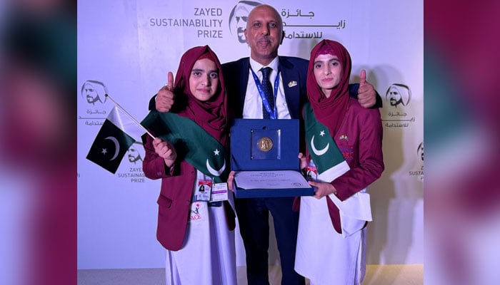 The winner of Zayed Sustainability Award Summiya and Kanza along with Akhtar Hussain, the patron of Kort Education Complex. — Photo via reporter